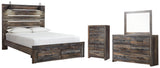 Drystan Queen Panel Bed with 2 Storage Drawers with Mirrored Dresser and Chest in Multi - PKG003255