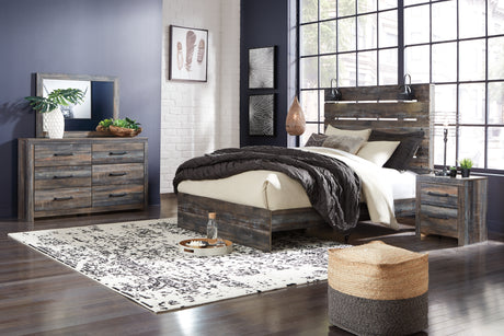 Drystan Queen Panel Bed with 2 Storage Drawers with Mirrored Dresser, Chest and 2 Nightstands in Multi - PKG003173