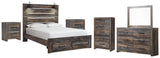 Drystan Queen Panel Bed with 2 Storage Drawers with Mirrored Dresser, Chest and 2 Nightstands in Multi - PKG003257