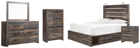 Drystan Queen Panel Bed with 2 Storage Drawers with Mirrored Dresser, Chest and Nightstand in Multi - PKG003172