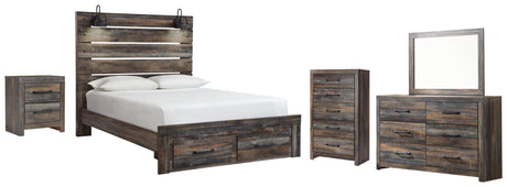 Drystan Queen Panel Bed with 2 Storage Drawers with Mirrored Dresser, Chest and Nightstand in Multi - PKG003256