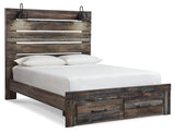 Drystan Queen Panel Bed with 2 Storage Drawers with Mirrored Dresser, Chest and Nightstand in Multi - PKG003256