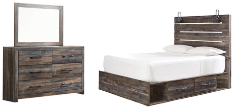 Drystan Queen Panel Bed with 2 Storage Drawers with Mirrored Dresser in Multi - PKG003168