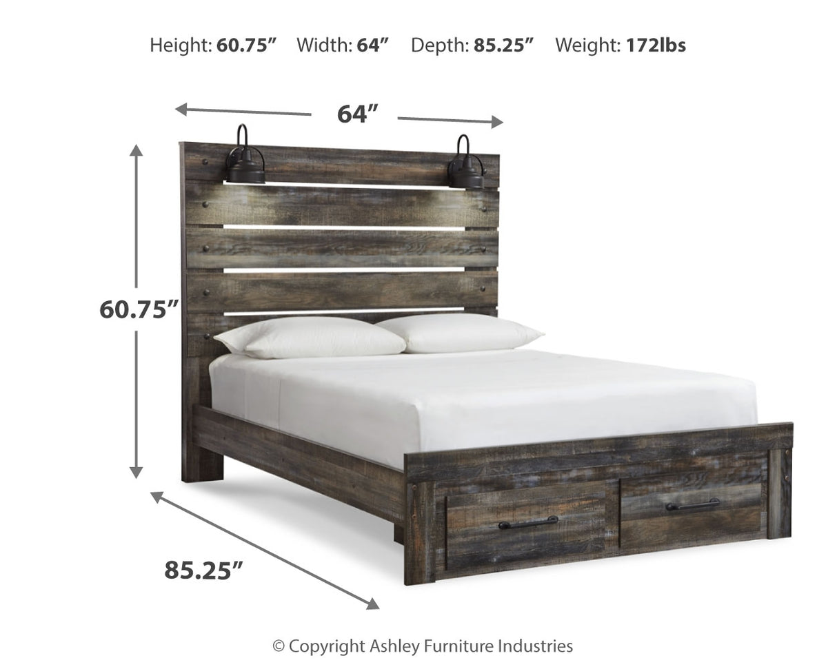 Drystan Queen Panel Bed with 2 Storage Drawers with Mirrored Dresser in Multi - PKG003253