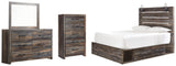 Drystan Queen Panel Bed with 4 Storage Drawers with Mirrored Dresser and Chest in Multi - PKG003189