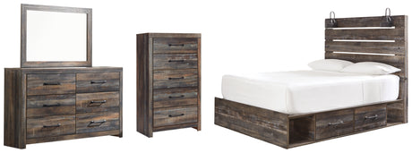 Drystan Queen Panel Bed with 4 Storage Drawers with Mirrored Dresser and Chest in Multi - PKG003189