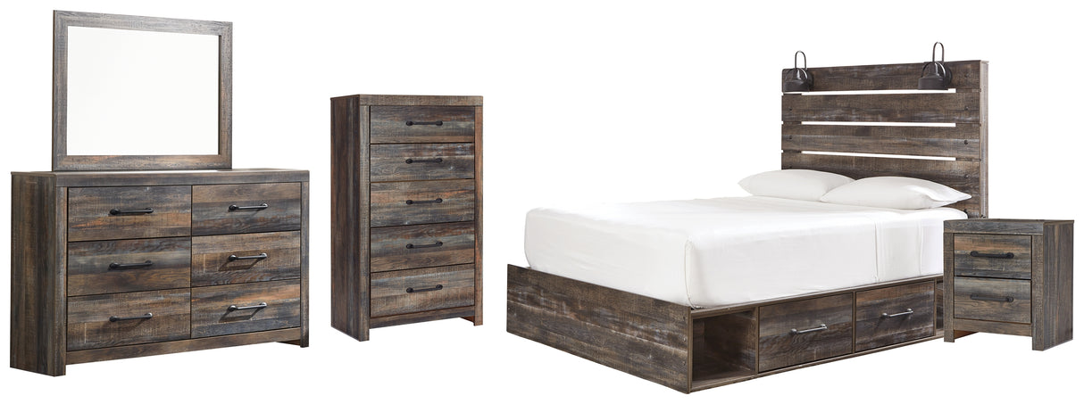 Drystan Queen Panel Bed with 4 Storage Drawers with Mirrored Dresser, Chest and Nightstand in Multi - PKG003190