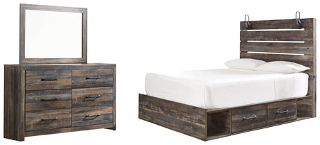 Drystan Queen Panel Bed with 4 Storage Drawers with Mirrored Dresser in Multi - PKG003187