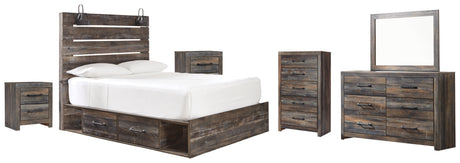 Drystan Twin Panel Bed with 2 Storage Drawers with Mirrored Dresser, Chest and 2 Nightstands in Multi from Ashley - Luna Furniture