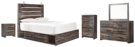 Drystan Twin Panel Bed with 2 Storage Drawers with Mirrored Dresser, Chest and Nightstand in Multi from Ashley - Luna Furniture