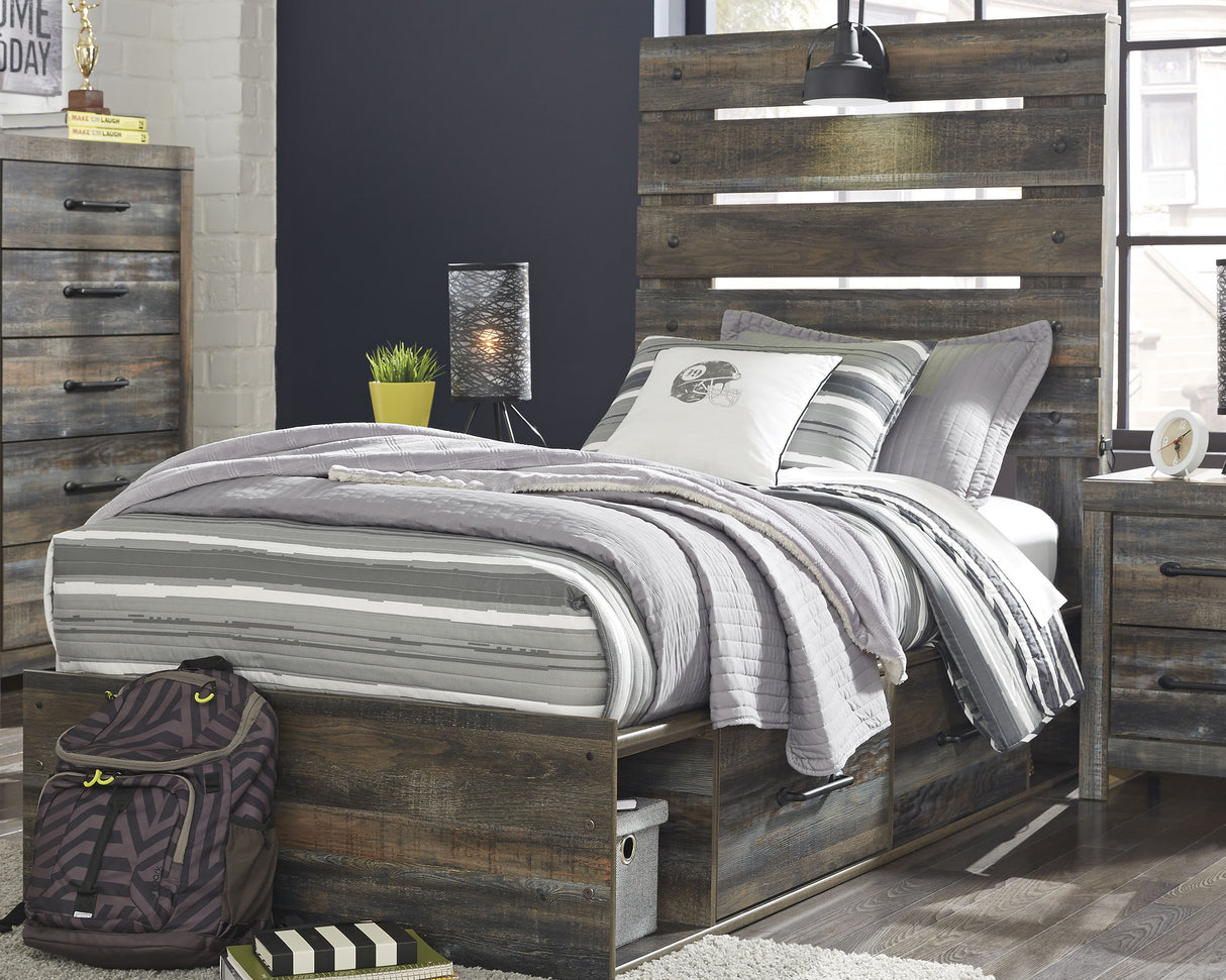 Drystan Twin Panel Bed with 4 Storage Drawers with Mirrored Dresser and 2 Nightstands in Multi from Ashley - Luna Furniture