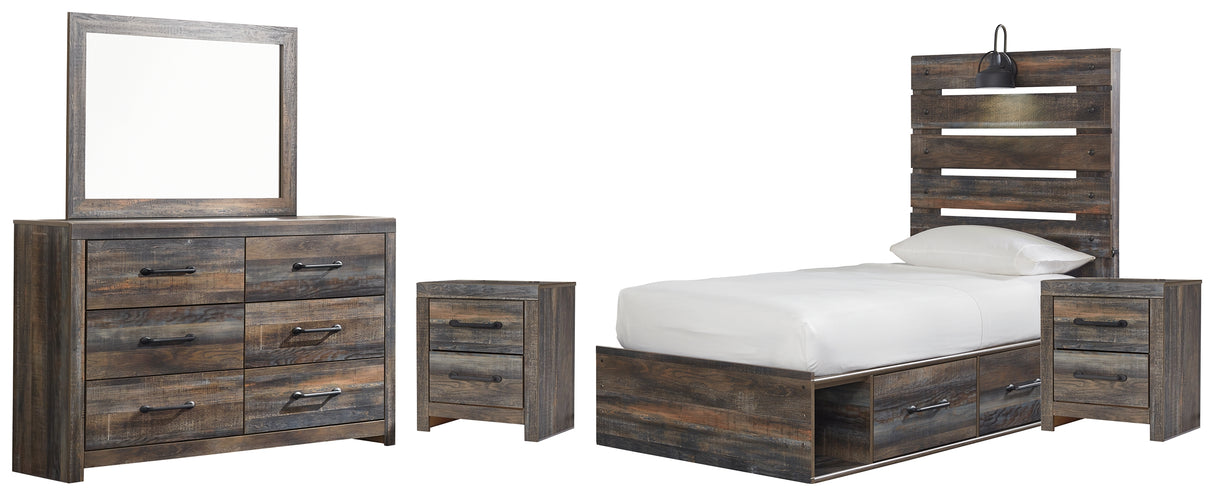 Drystan Twin Panel Bed with 4 Storage Drawers with Mirrored Dresser and 2 Nightstands in Multi from Ashley - Luna Furniture