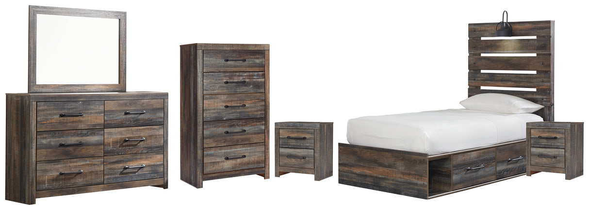 Drystan Twin Panel Bed with 4 Storage Drawers with Mirrored Dresser, Chest and 2 Nightstands in Multi from Ashley - Luna Furniture