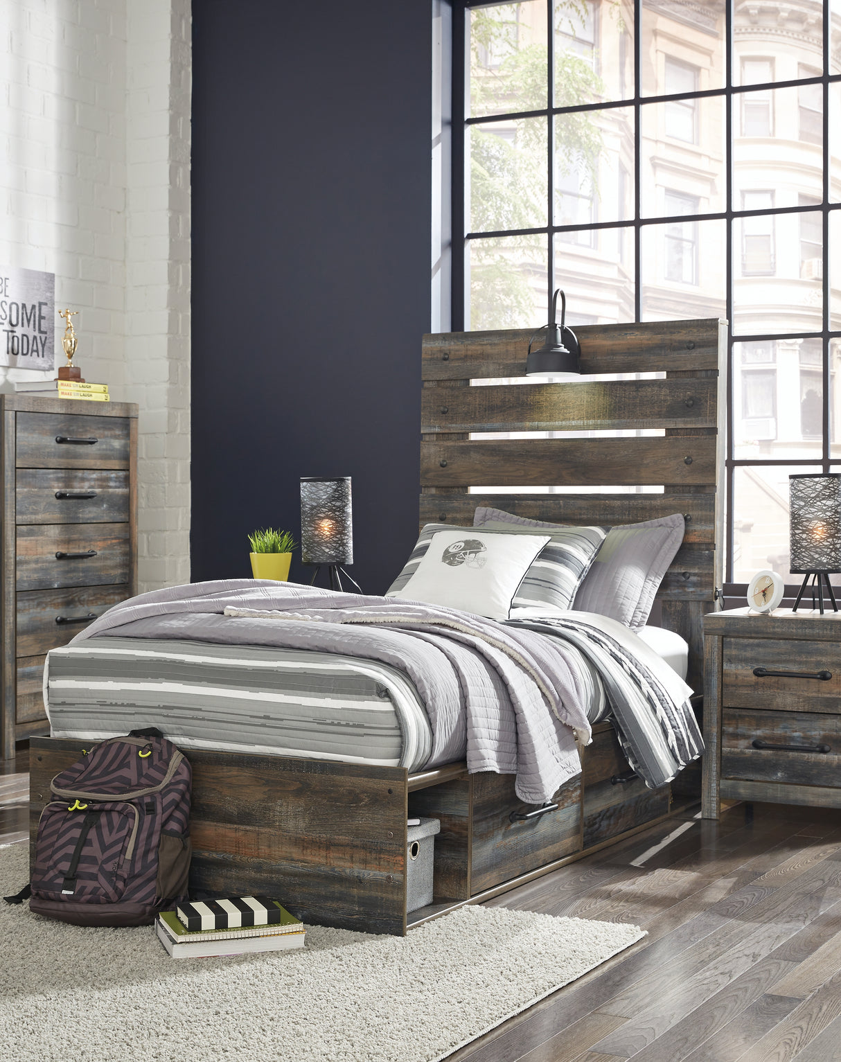 Drystan Twin Panel Bed with 4 Storage Drawers with Mirrored Dresser, Chest and Nightstand in Multi from Ashley - Luna Furniture