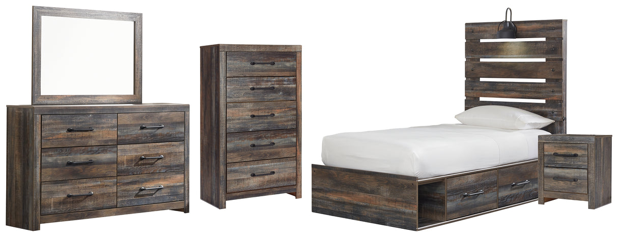 Drystan Twin Panel Bed with 4 Storage Drawers with Mirrored Dresser, Chest and Nightstand in Multi from Ashley - Luna Furniture