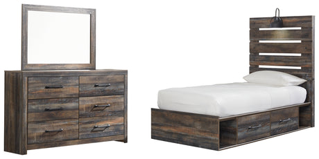 Drystan Twin Panel Bed with 4 Storage Drawers with Mirrored Dresser in Multi from Ashley - Luna Furniture