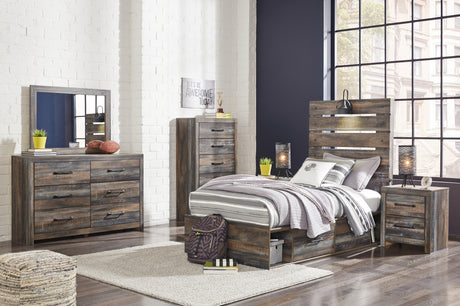 Drystan Twin Panel Headboard Bed with Mirrored Dresser, Chest and 2 Nightstands in Multi - PKG007511