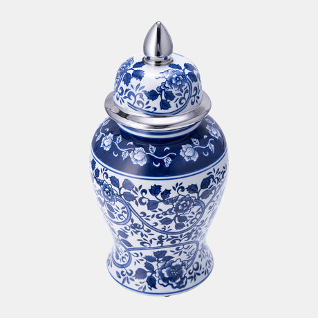 Ec Cer,14"blue/white Temple Jar, Silver from Sagebrook Home - Luna Furniture