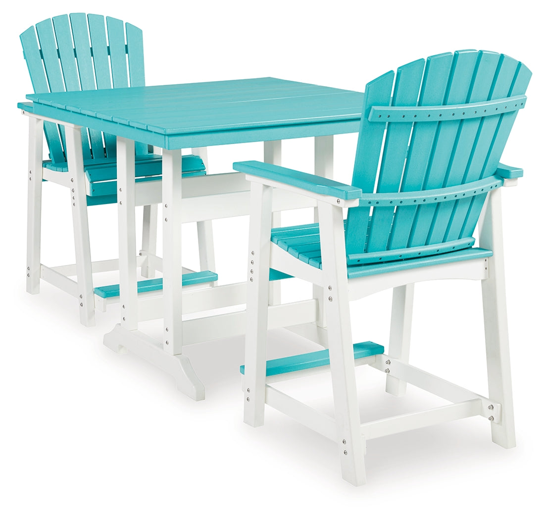 Eisely Outdoor Counter Height Dining Table and 2 Barstools in Turquoise/White from Ashley - Luna Furniture