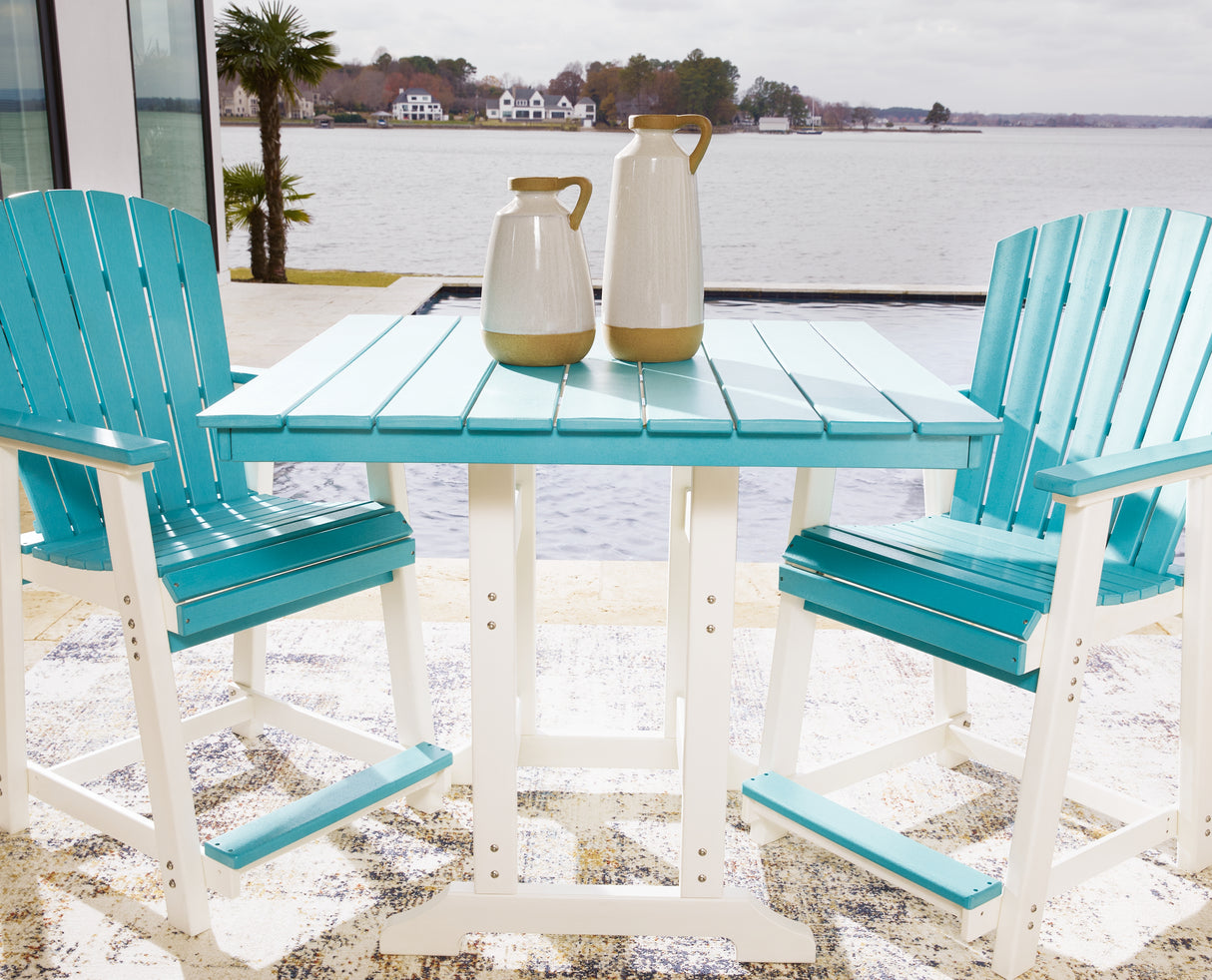 Eisely Outdoor Counter Height Dining Table and 2 Barstools in Turquoise/White from Ashley - Luna Furniture