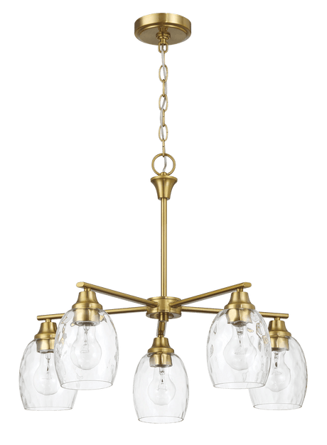 Elegance Five Lights Linear Arms with Golden Brass Finish Chain Chandelier 24"W × 8.5"H with Clear Water Glass - PNL03900401