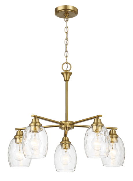 Elegance Five Lights Linear Arms with Golden Brass Finish Chain Chandelier 24"W × 8.5"H with Clear Water Glass - PNL03900401