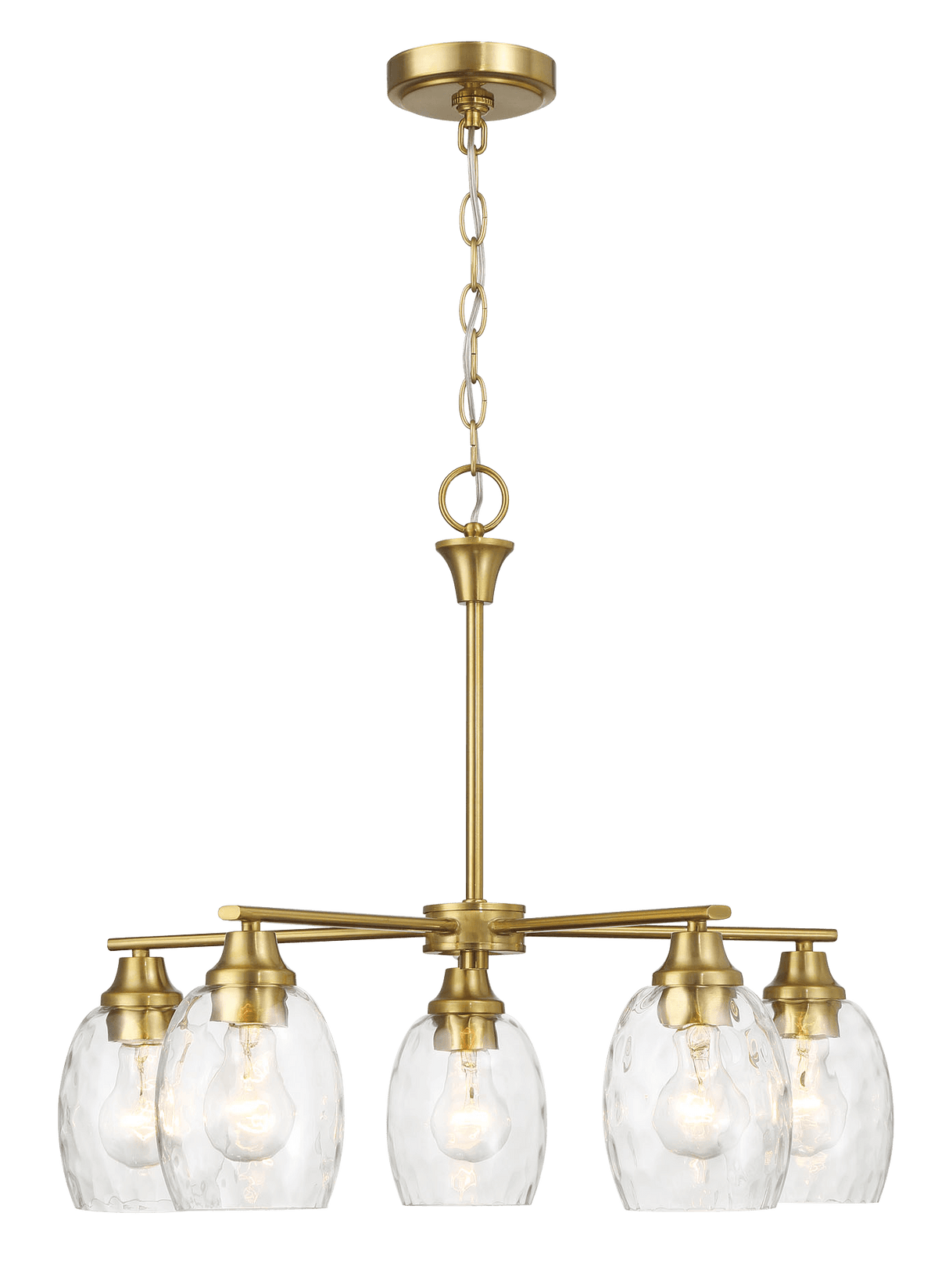 Elegance Five Lights Linear Arms with Golden Brass Finish Chain Chandelier 24"W × 8.5"H with Clear Water Glass - PNL03900401