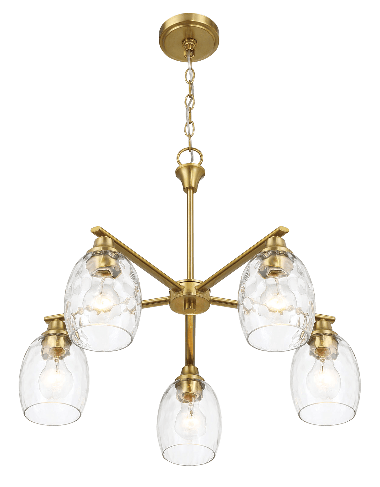 Elegance Five Lights Linear Arms with Golden Brass Finish Chain Chandelier 24"W × 8.5"H with Clear Water Glass - PNL03900401