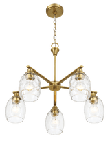 Elegance Five Lights Linear Arms with Golden Brass Finish Chain Chandelier 24"W × 8.5"H with Clear Water Glass - PNL03900401