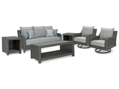 Elite Park Outdoor Sofa and  2 Lounge Chairs with Coffee Table and 2 End Tables in Gray - PKG014559