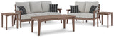 Emmeline Outdoor Sofa and Loveseat with Coffee Table and 2 End Tables in Brown/Beige - PKG013851