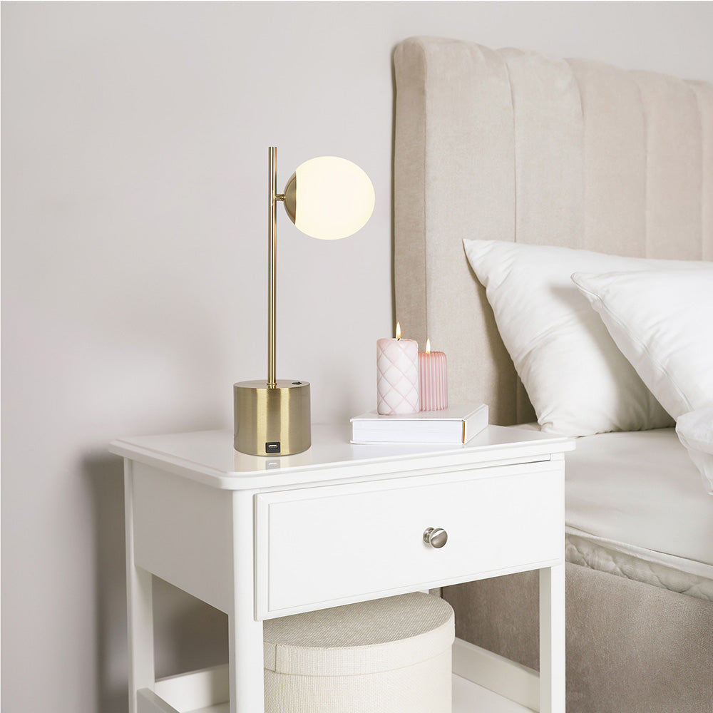 Ethereal Modern Small Brass Metal Table Lamp, Desk Lamp Fixture with White Glass Globe Shade - TBL03700601