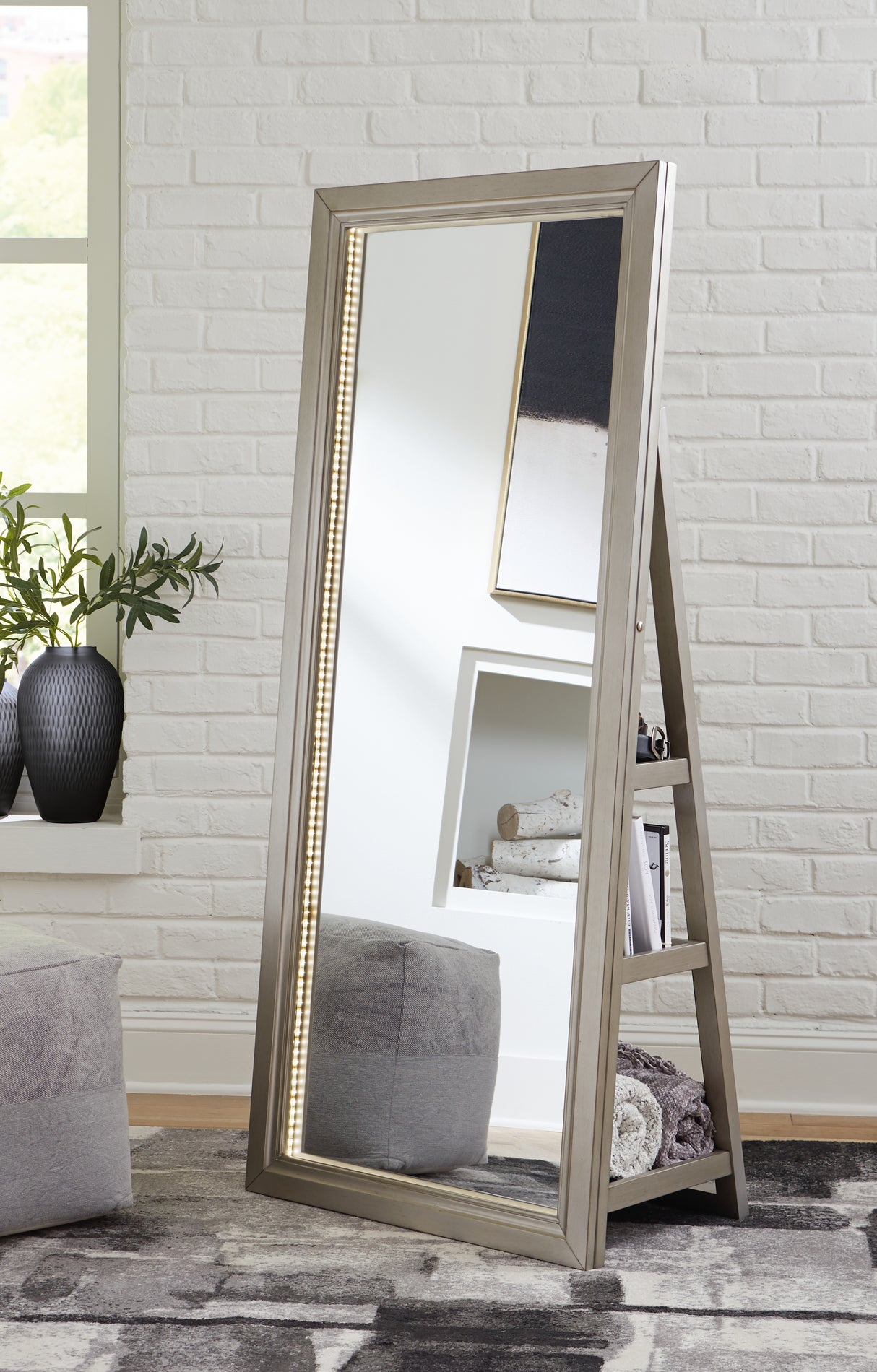 Evesen Champagne Floor Standing Mirror with Storage - A8010379