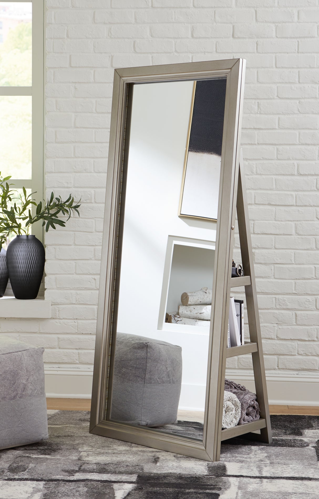 Evesen Champagne Floor Standing Mirror with Storage - A8010379