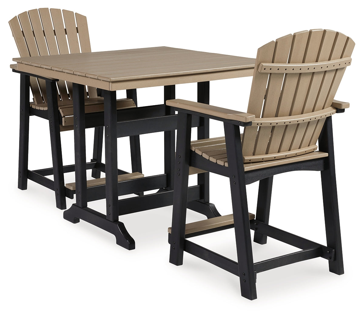 Fairen Trail Outdoor Counter Height Dining Table and 2 Barstools in Black/Driftwood from Ashley - Luna Furniture