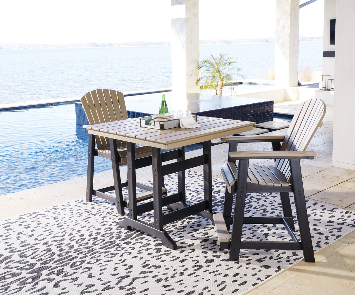 Fairen Trail Outdoor Counter Height Dining Table and 2 Barstools in Black/Driftwood from Ashley - Luna Furniture