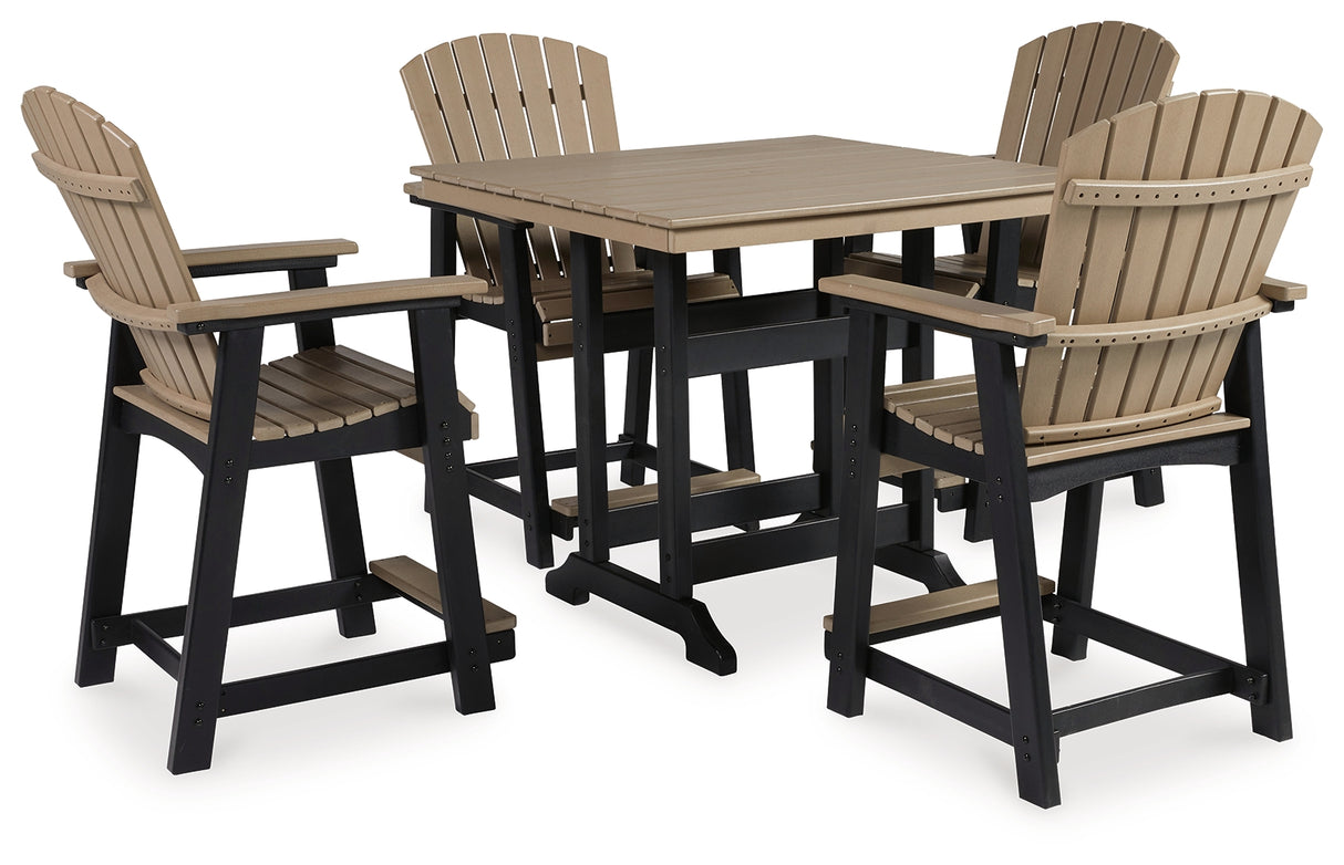 Fairen Trail Outdoor Counter Height Dining Table and 4 Barstools in Black/Driftwood - PKG013818