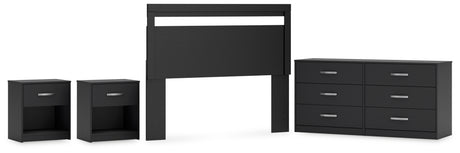 Finch Queen Panel Headboard with Dresser and 2 Nightstands in Black - PKG017934