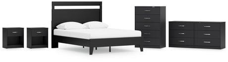 Finch Queen Panel Platform Bed with Dresser, Chest and 2 Nightstands in Black/Brown - PKG017944