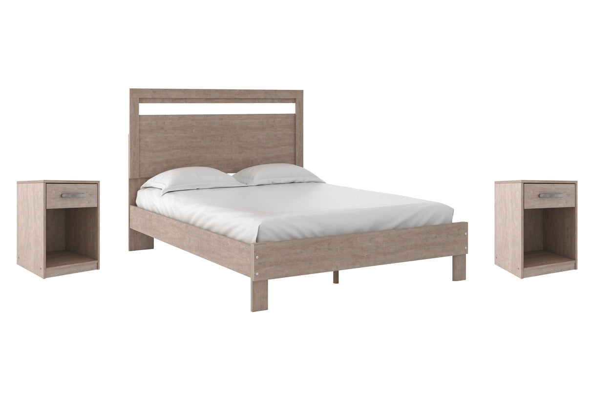 Flannia Queen Panel Platform Bed with 2 Nightstands in Gray from Ashley - Luna Furniture