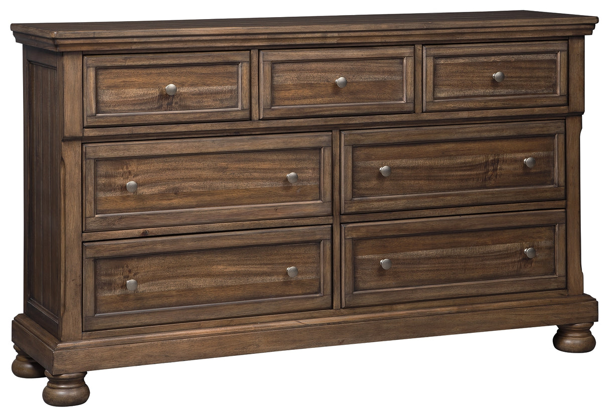 Flynnter California King Panel Bed with 2 Storage Drawers with Dresser in Medium Brown from Ashley - Luna Furniture