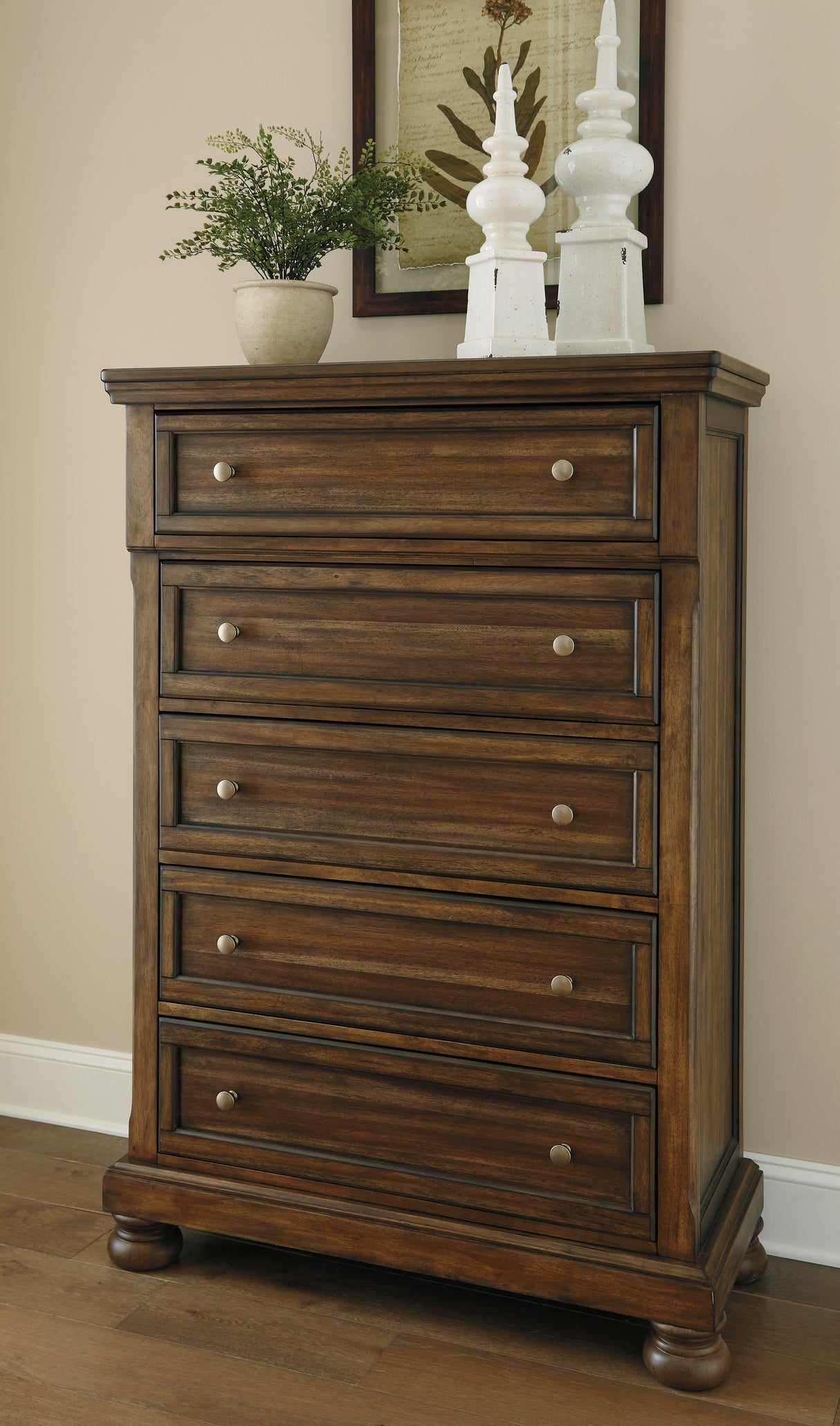 Flynnter California King Panel Bed with 2 Storage Drawers with Mirrored Dresser and Chest in Medium Brown from Ashley - Luna Furniture