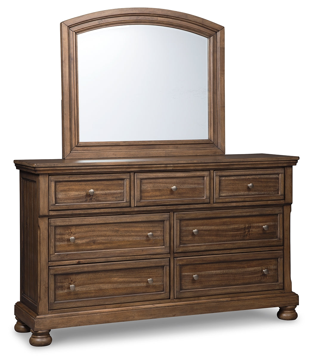 Flynnter California King Panel Bed with 2 Storage Drawers with Mirrored Dresser and Chest in Medium Brown from Ashley - Luna Furniture