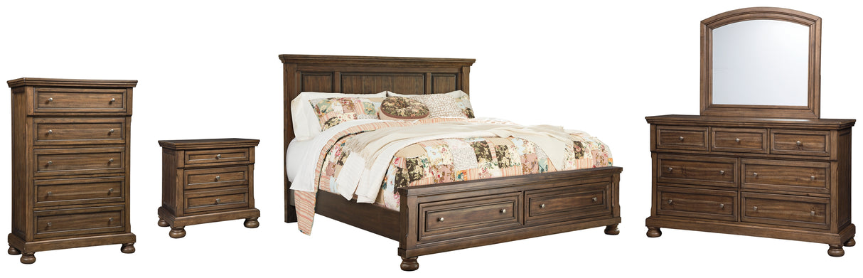 Flynnter California King Panel Bed with 2 Storage Drawers with Mirrored Dresser, Chest and Nightstand in Medium Brown from Ashley - Luna Furniture