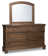 Flynnter California King Panel Bed with 2 Storage Drawers with Mirrored Dresser, Chest and Nightstand in Medium Brown from Ashley - Luna Furniture