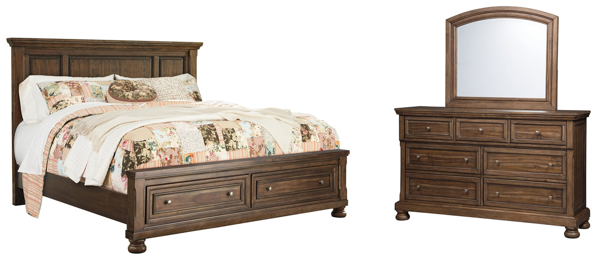 Flynnter California King Panel Bed with 2 Storage Drawers with Mirrored Dresser in Medium Brown from Ashley - Luna Furniture