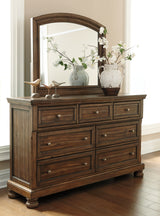 Flynnter California King Panel Bed with Mirrored Dresser and 2 Nightstands in Medium Brown from Ashley - Luna Furniture