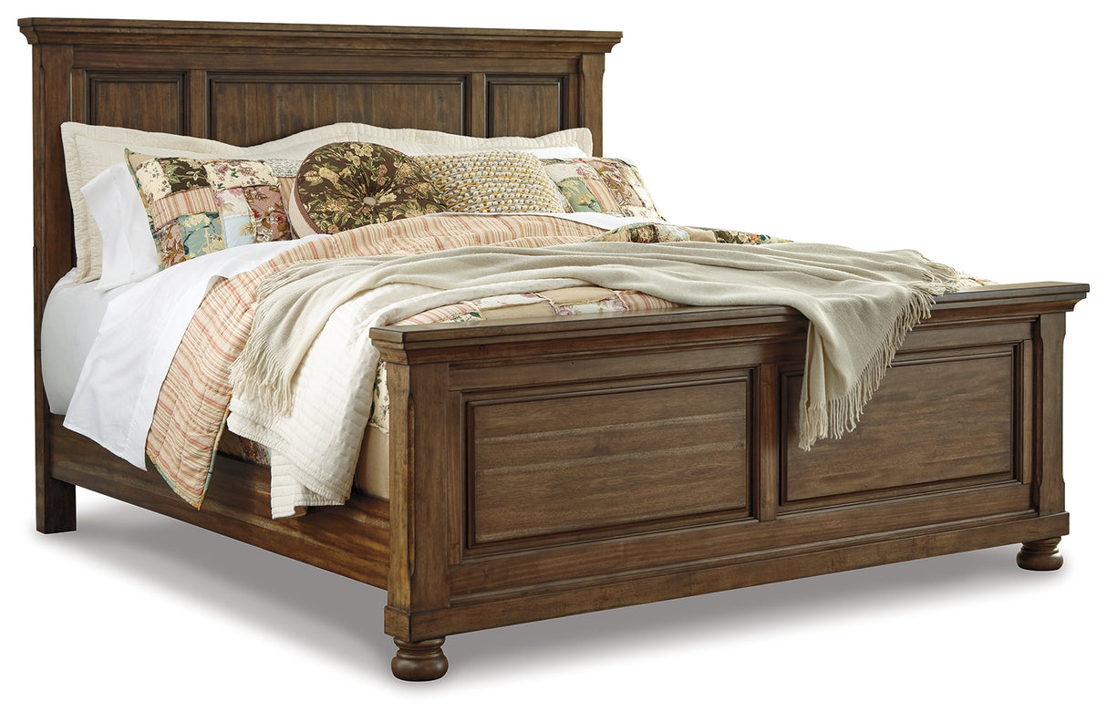 Flynnter California King Panel Bed with Mirrored Dresser and 2 Nightstands in Medium Brown from Ashley - Luna Furniture