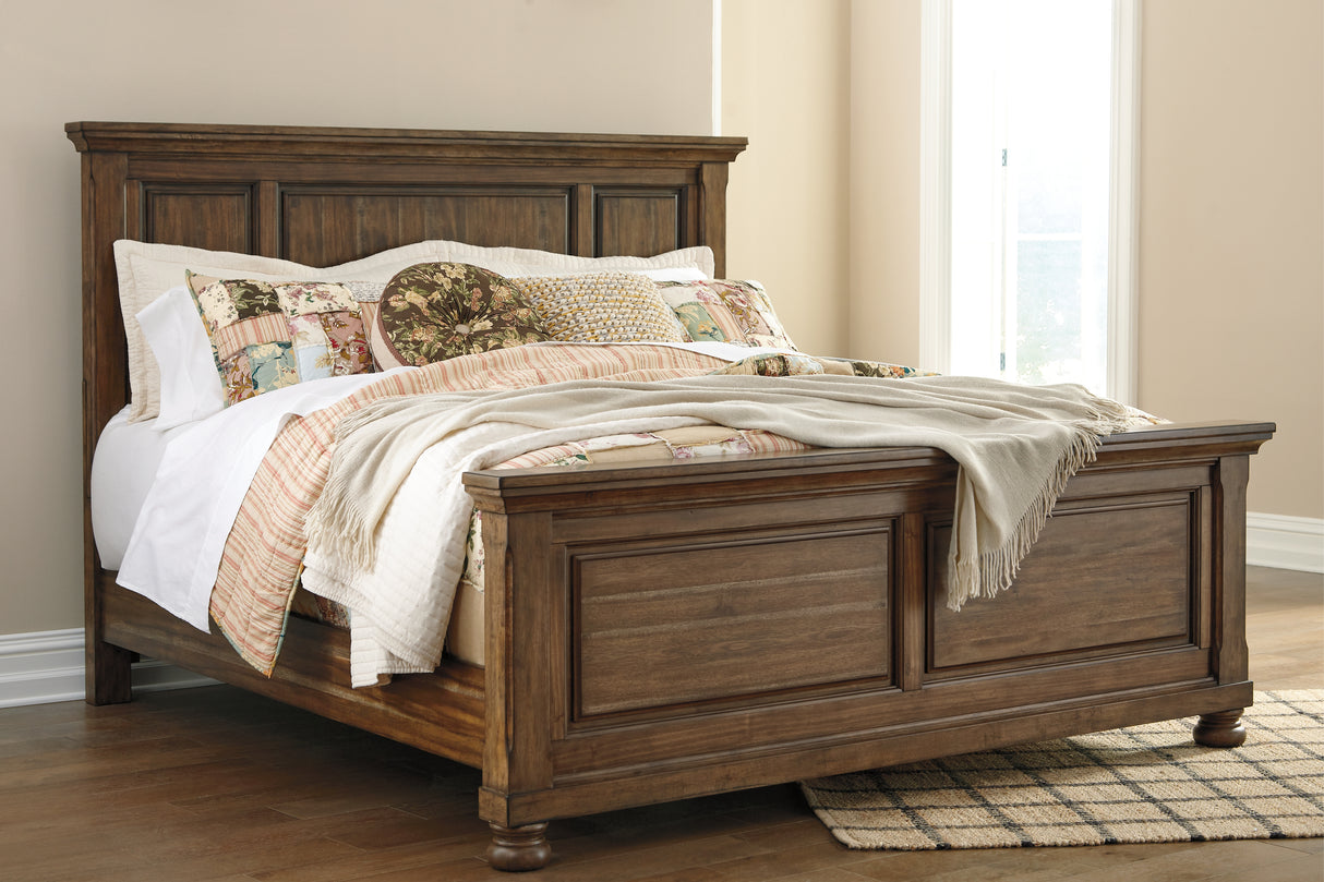 Flynnter California King Panel Bed with Mirrored Dresser and Chest in Medium Brown from Ashley - Luna Furniture