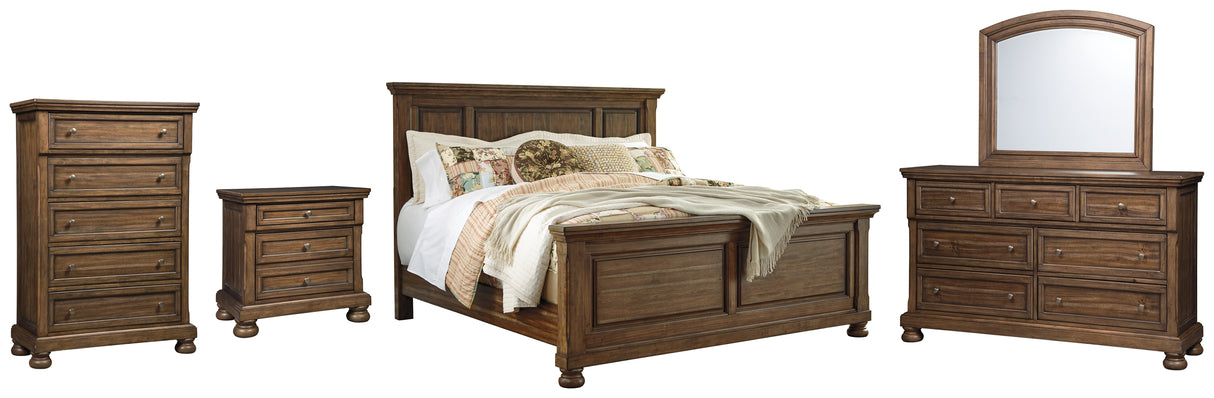 Flynnter California King Panel Bed with Mirrored Dresser, Chest and Nightstand in Medium Brown from Ashley - Luna Furniture